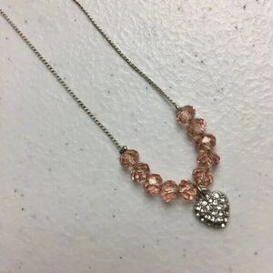 Pave Rhinestone Heart Necklace Silver Tone Serpentine Chain Peach Glass Beads